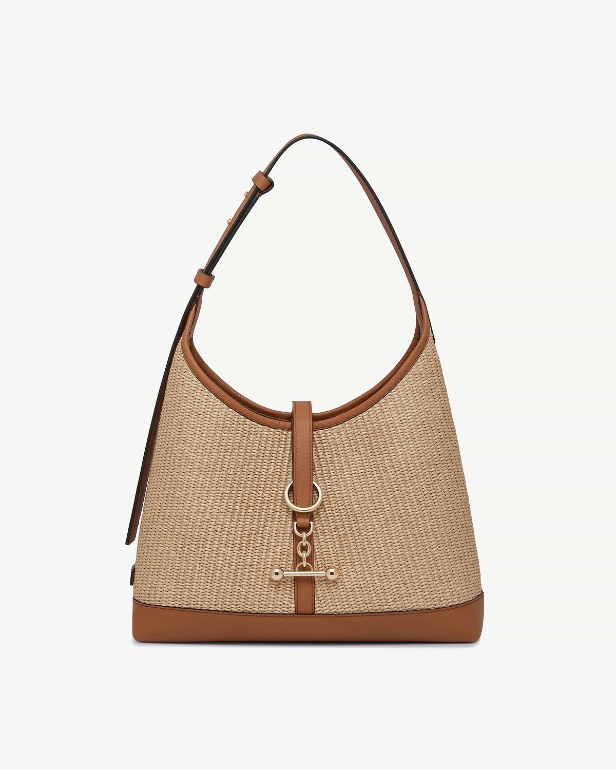 Tan and natural raffia hobo bag with tan leather trim and gold-tone hardware.