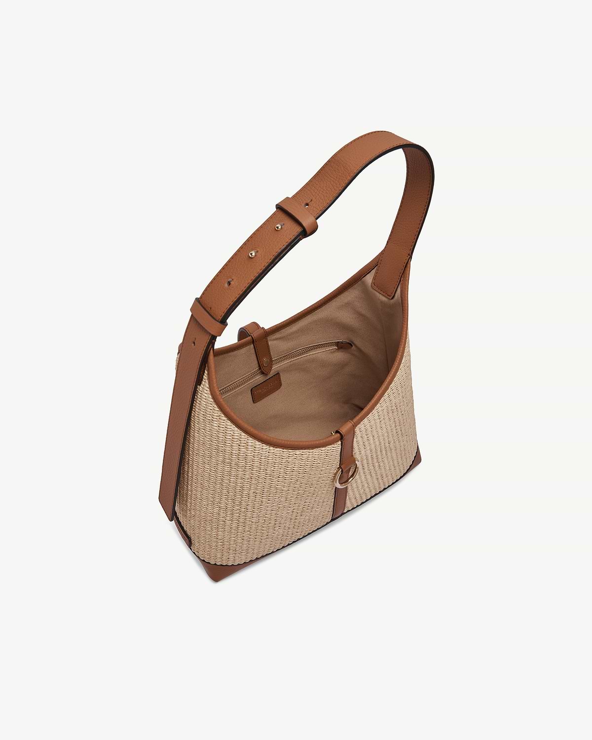 Tan and natural raffia Kite Hobo bag with tan leather trim and zip pocket.