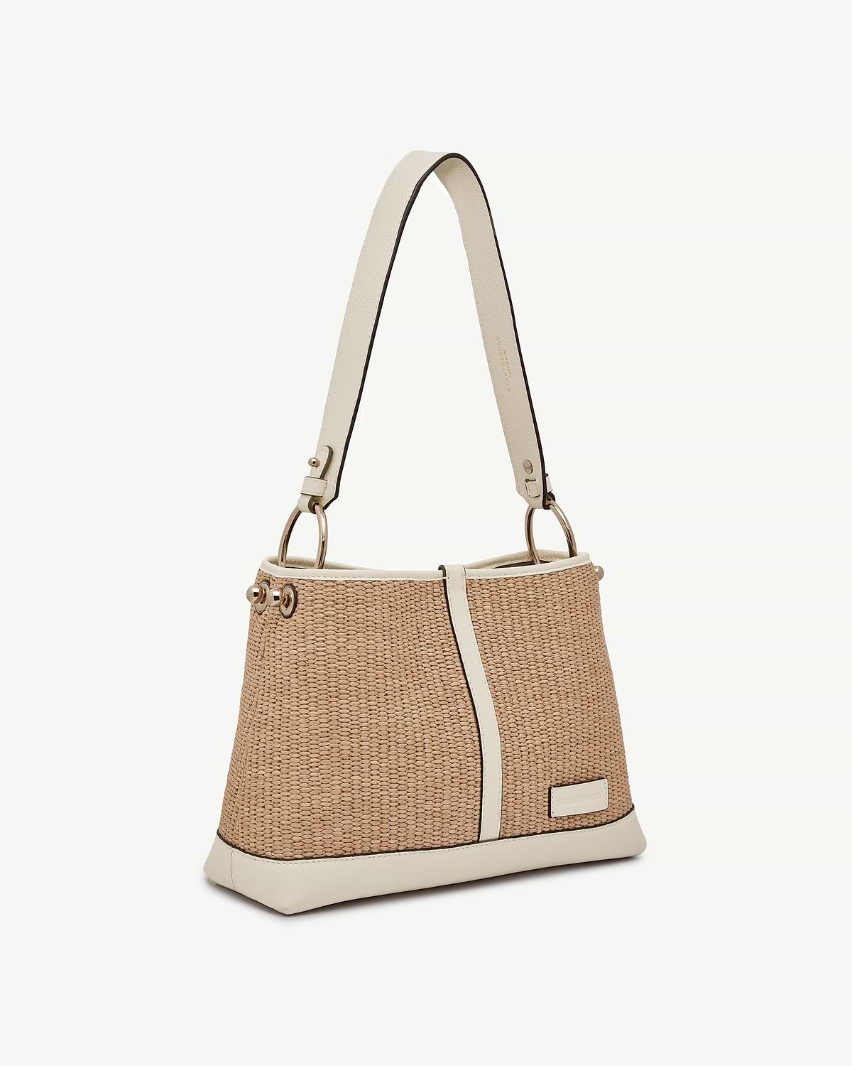 Vanilla and natural raffia Lana hobo bag with cream leather trim and gold ring hardware.
