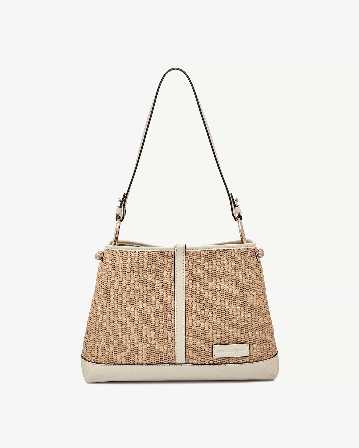 Vanilla raffia Lana Hobo bag with leather trim and Strathberry logo.