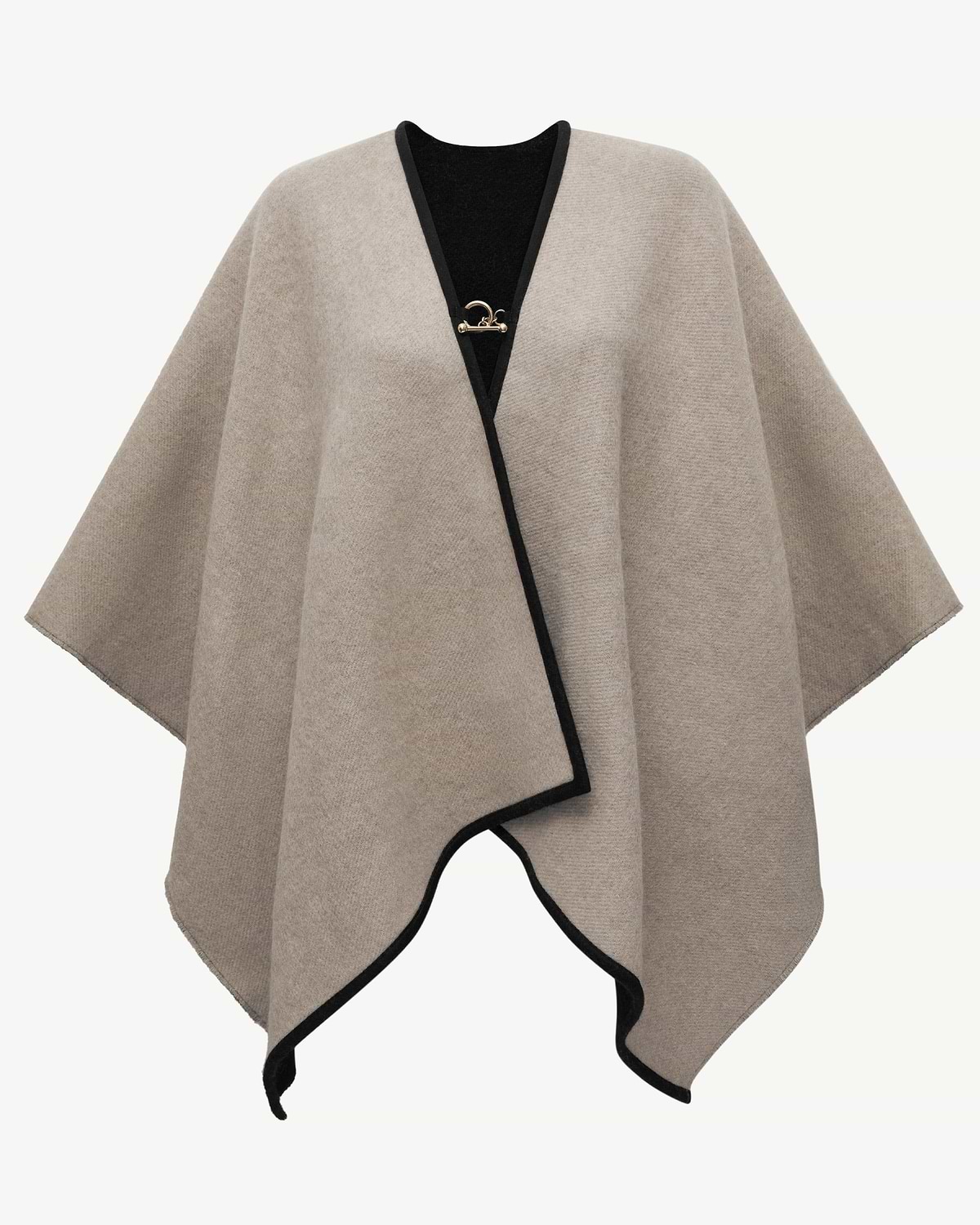 Otter and black woven cape with black trim and gold front clasp.