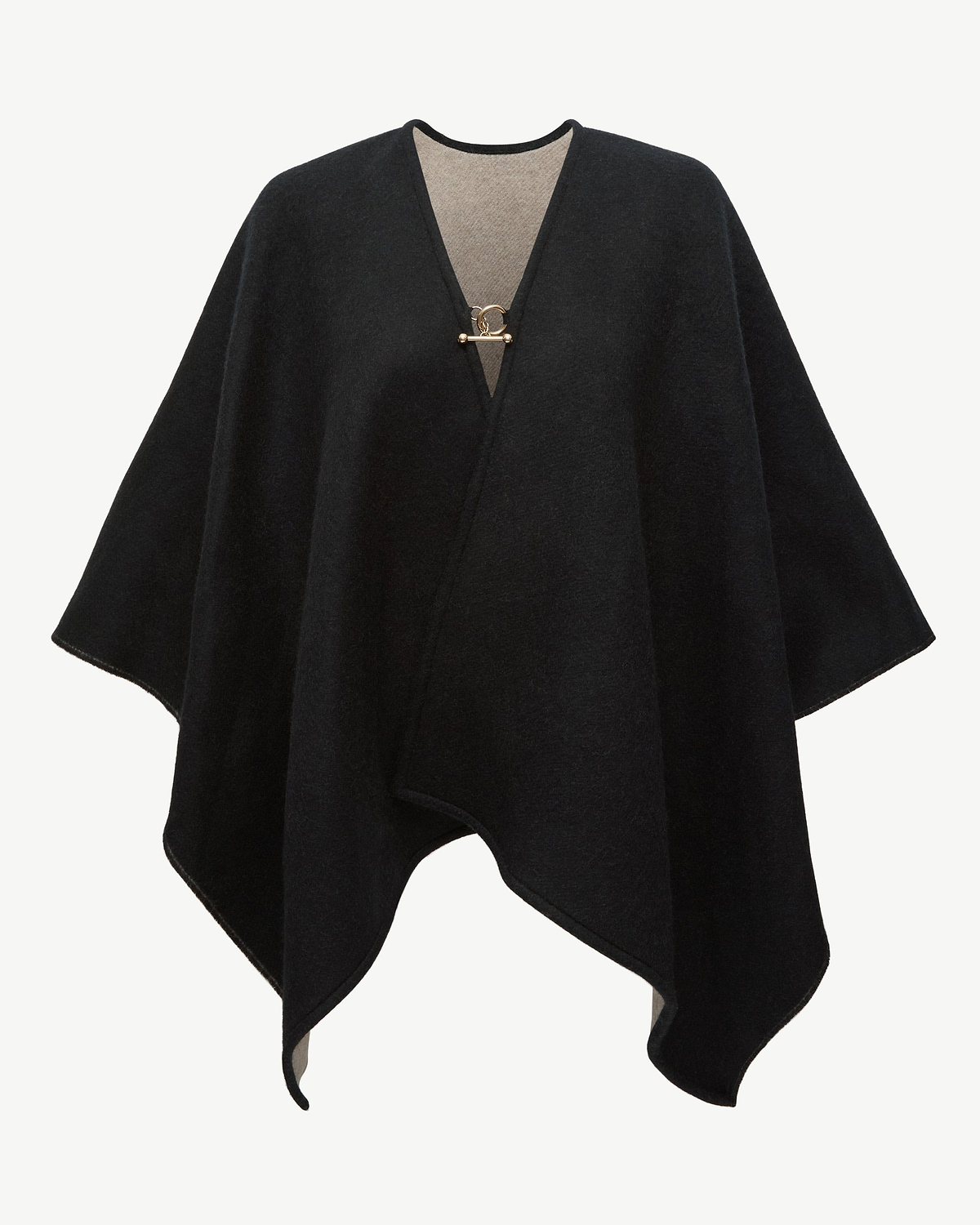 Black woven cape with otter-colour lining and gold front toggle clasp.