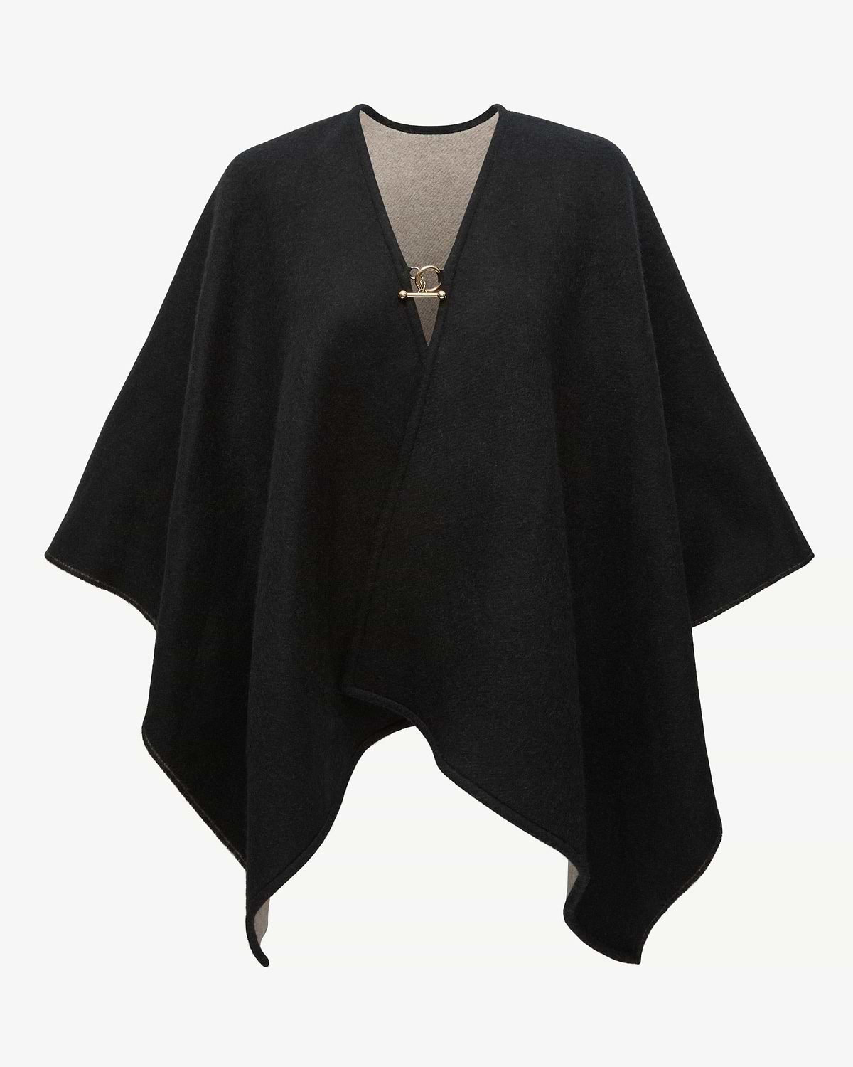 Black woven cape with otter-colour lining and gold front toggle clasp.