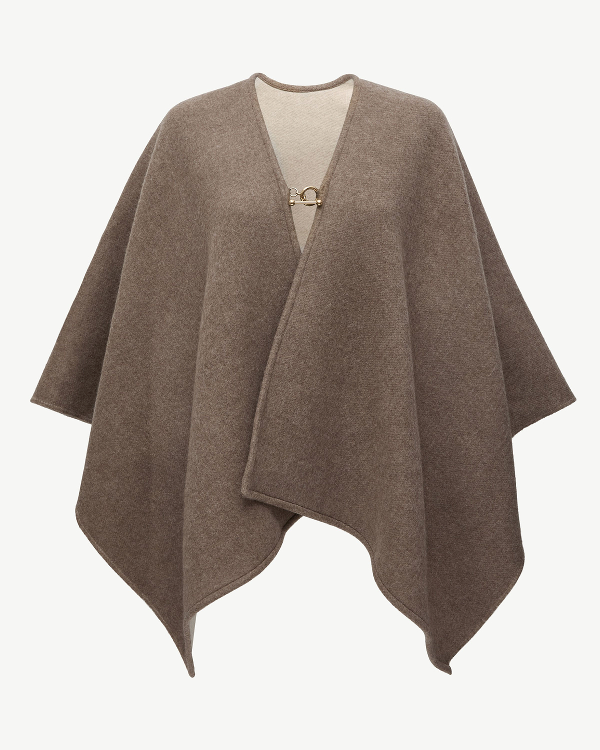 Taupe kite woven cape with front gold toggle fastening and draped hem.