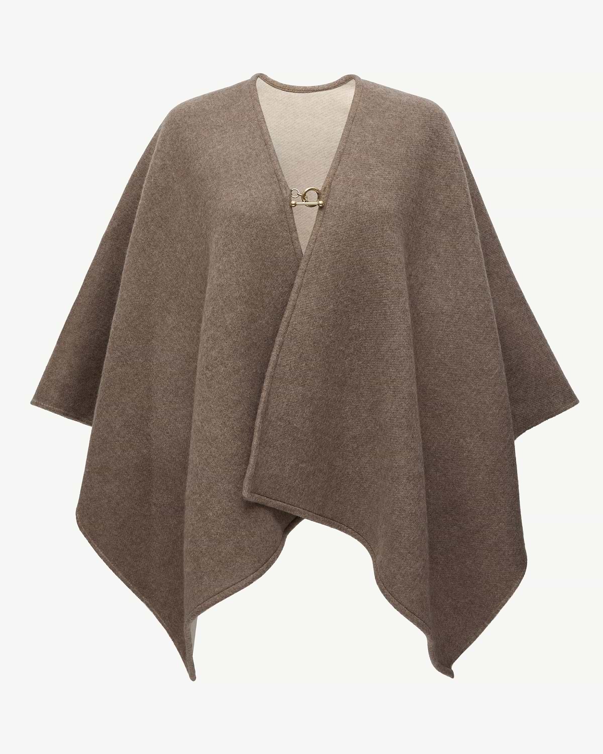Taupe kite woven cape with front gold toggle fastening and draped hem.