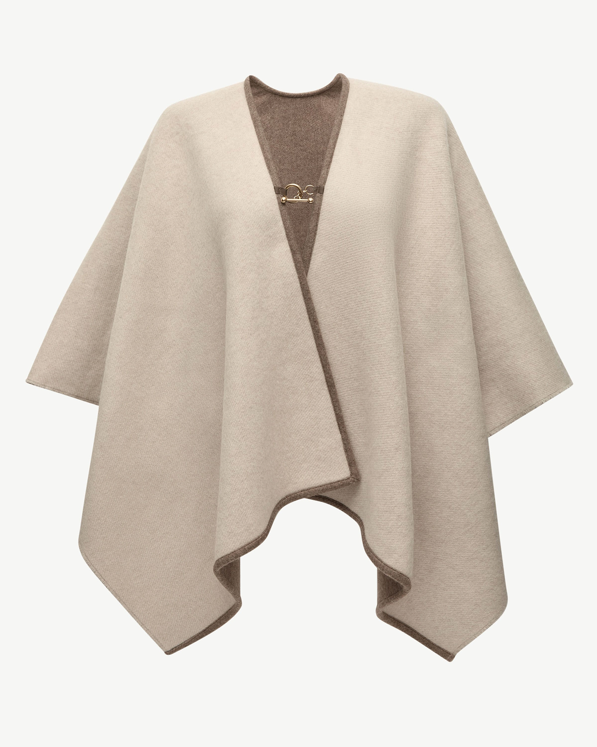 Taupe woven kite cape with brown trim and a gold front hook fastening.