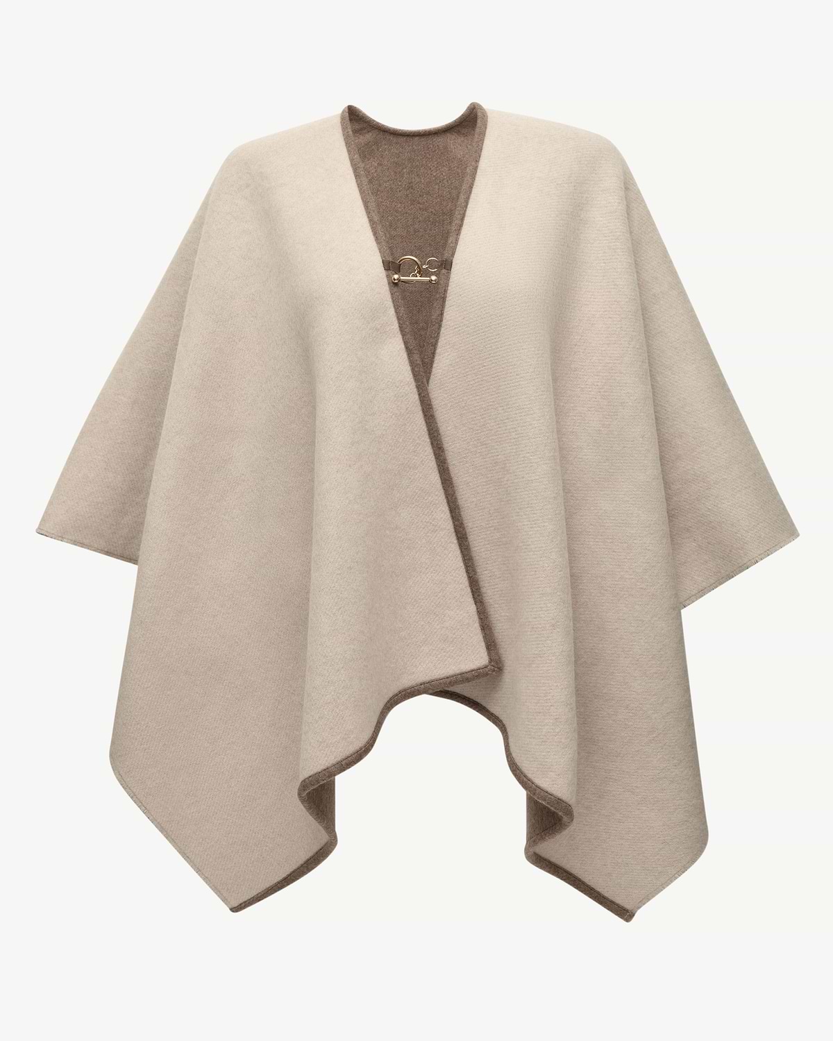 Taupe woven kite cape with brown trim and a gold front hook fastening.