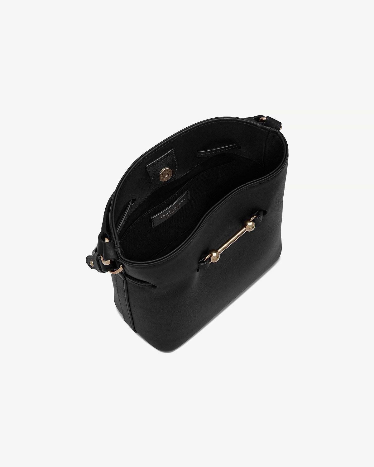 Black Strathberry Corda Bucket Mini bag, open top showing interior and gold-coloured hardware.