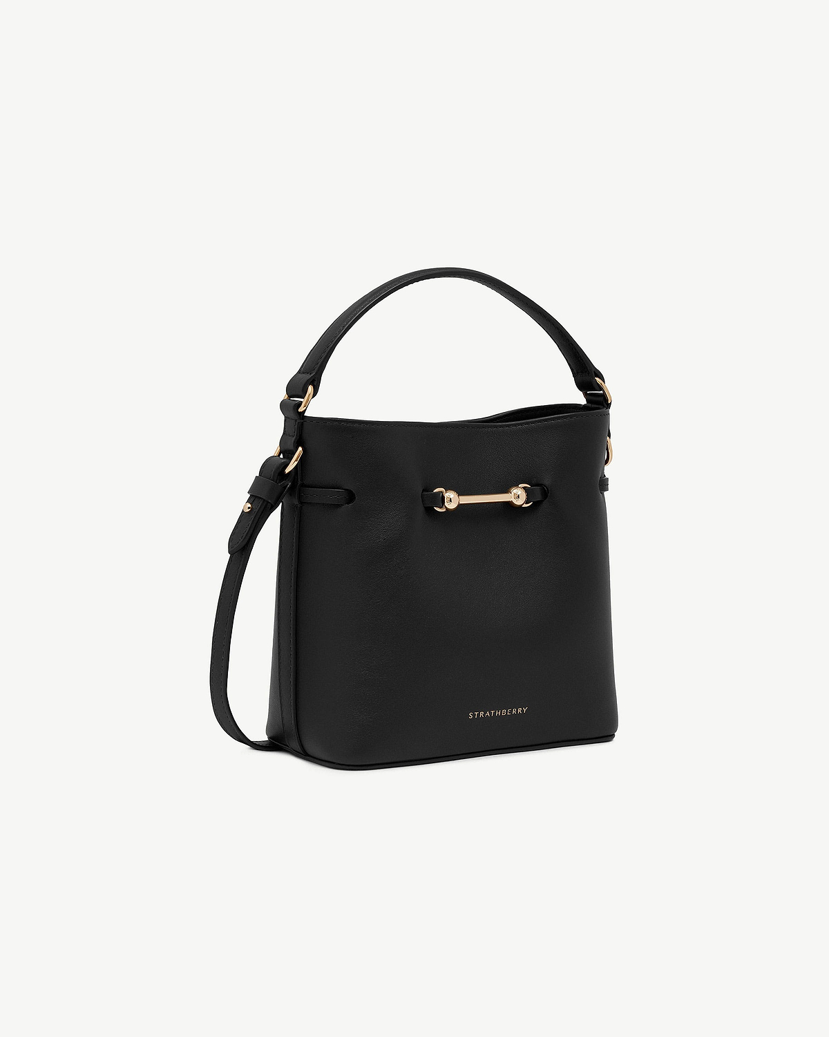 Black Strathberry Corda Bucket Mini bag with top handle, shoulder strap, gold bar hardware