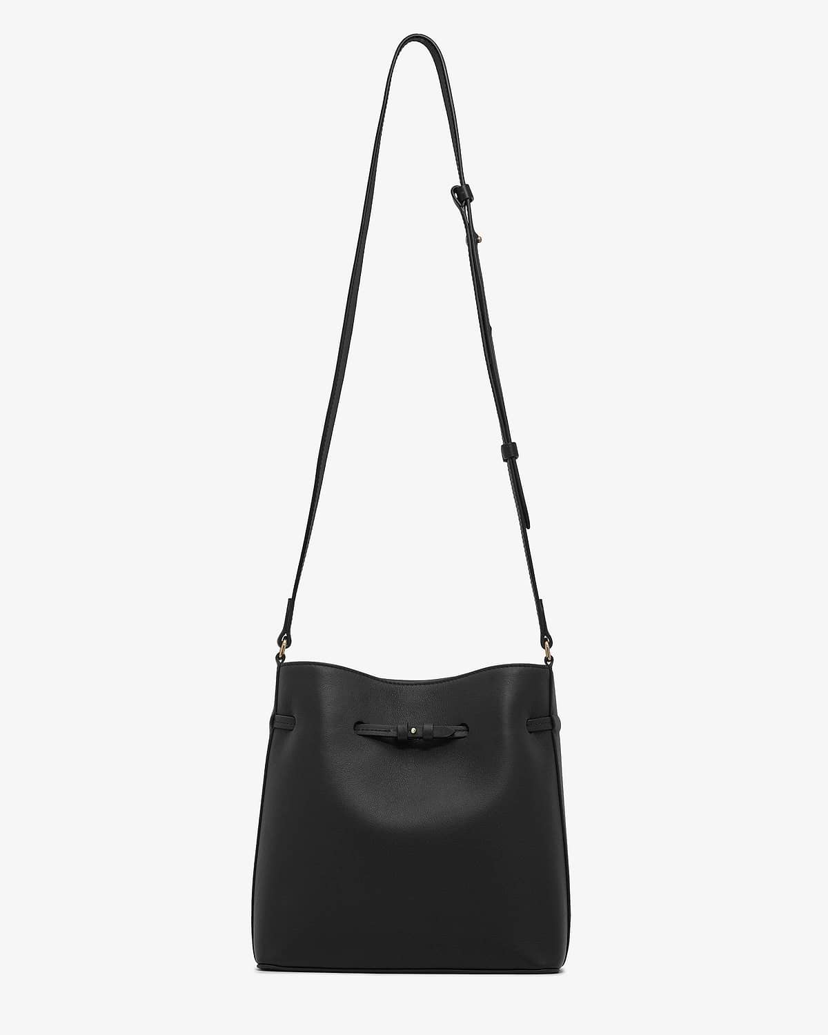 Black bucket bag with adjustable shoulder strap and knotted drawstring fastening