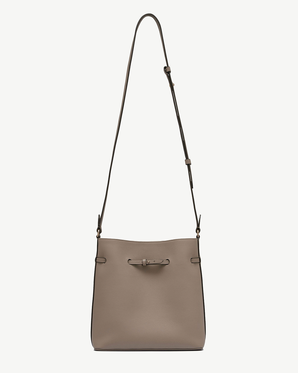 Taupe bucket bag with adjustable shoulder strap and front knot detail.