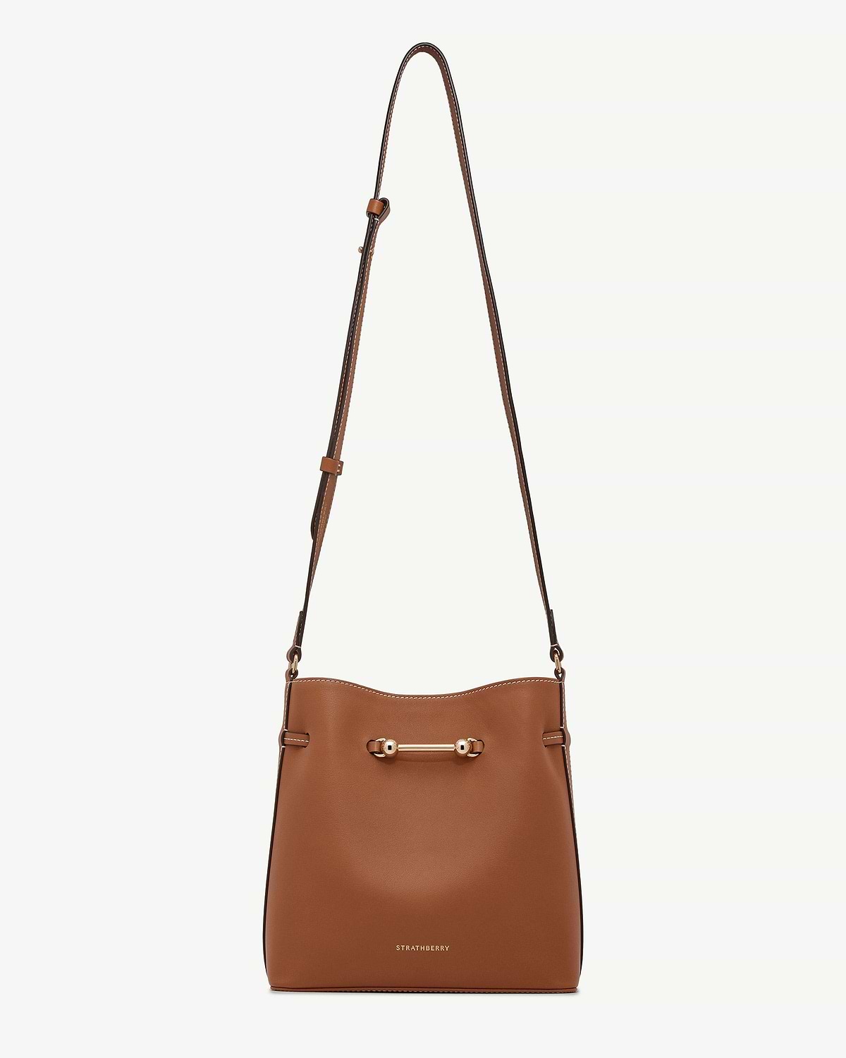 Chestnut Strathberry Corda bucket bag with adjustable strap and gold bar hardware