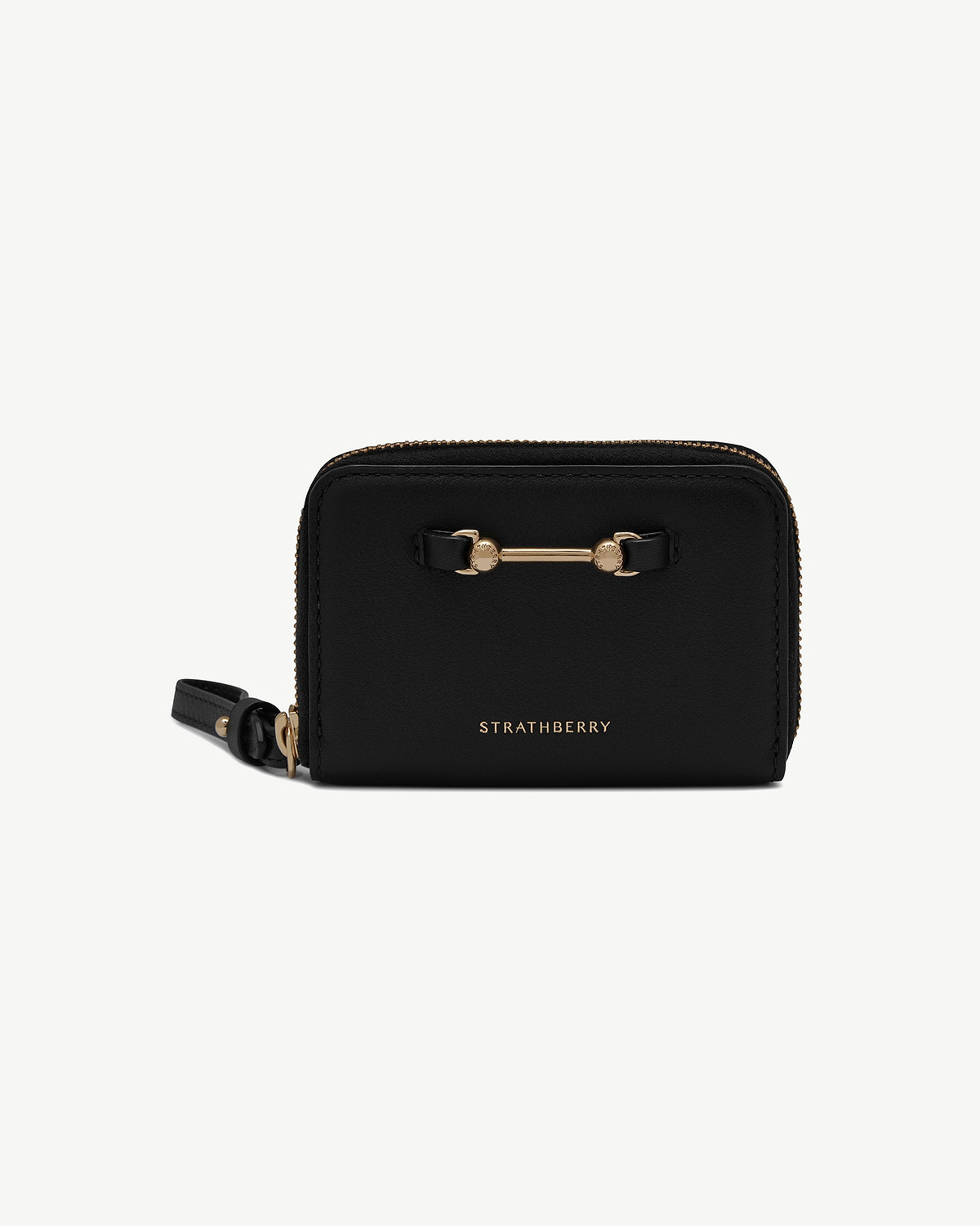 Black zip-around wallet with Strathberry logo and gold bar hardware.