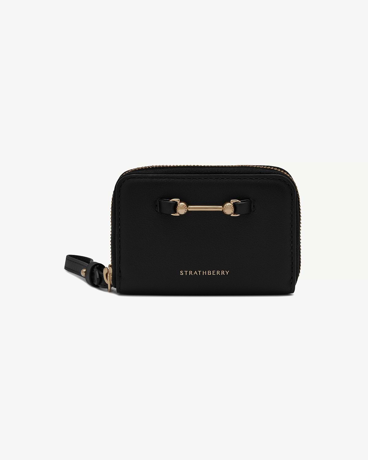 Black zip-around wallet with Strathberry logo and gold bar hardware.