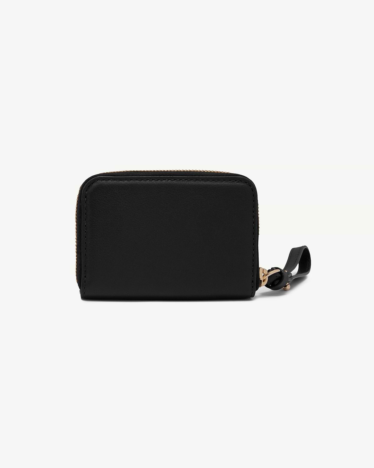 Black zip-around wallet with gold zip and leather pull tab.
