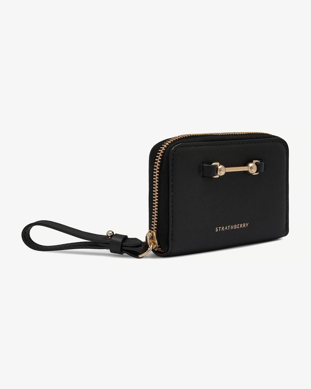 Black zip-around wallet with wrist strap, gold hardware and Strathberry logo.