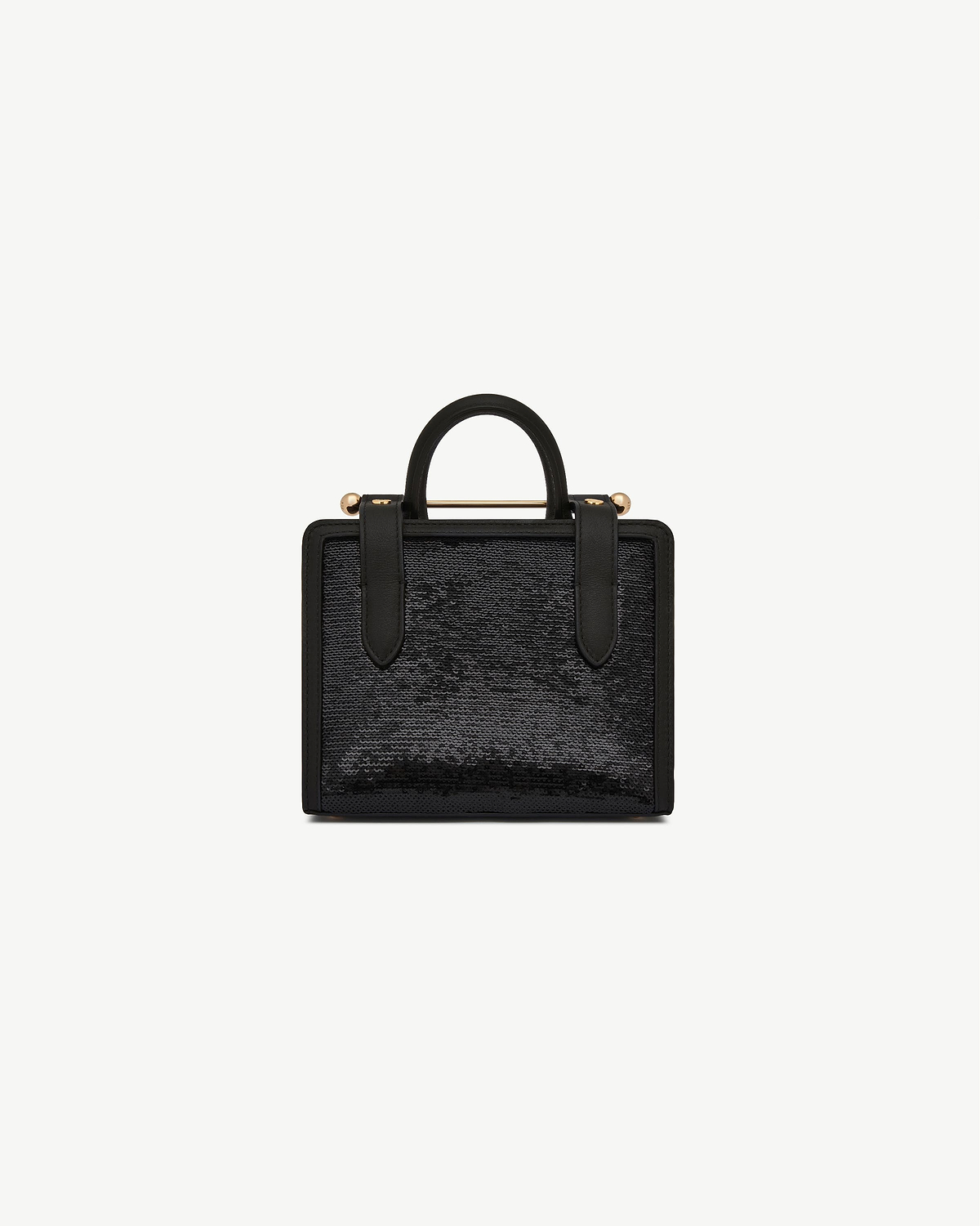 Black sequin nano tote with top handles and gold bar detail.