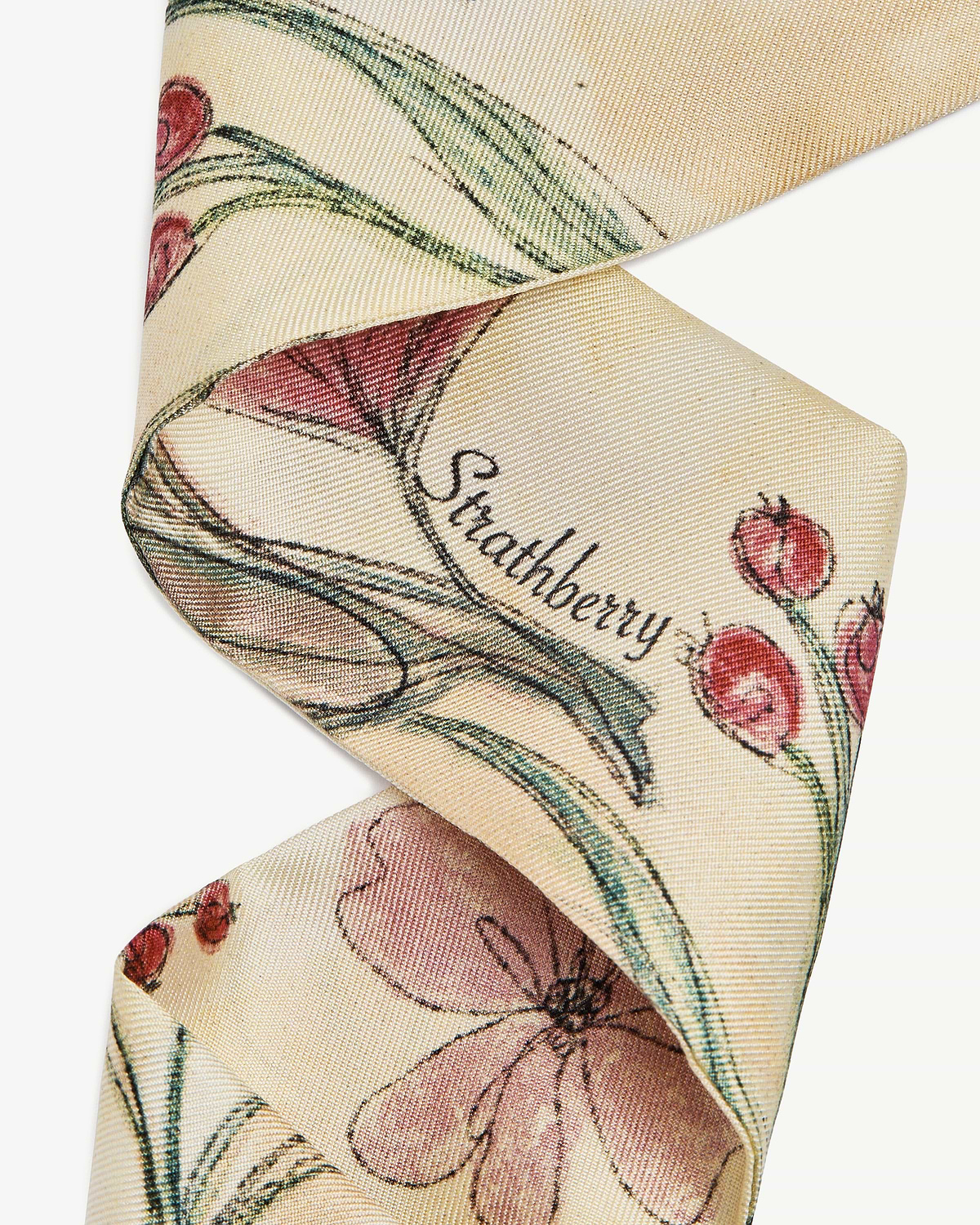 Butter yellow silk skinny scarf close-up with pink floral print and Strathberry wordmark.