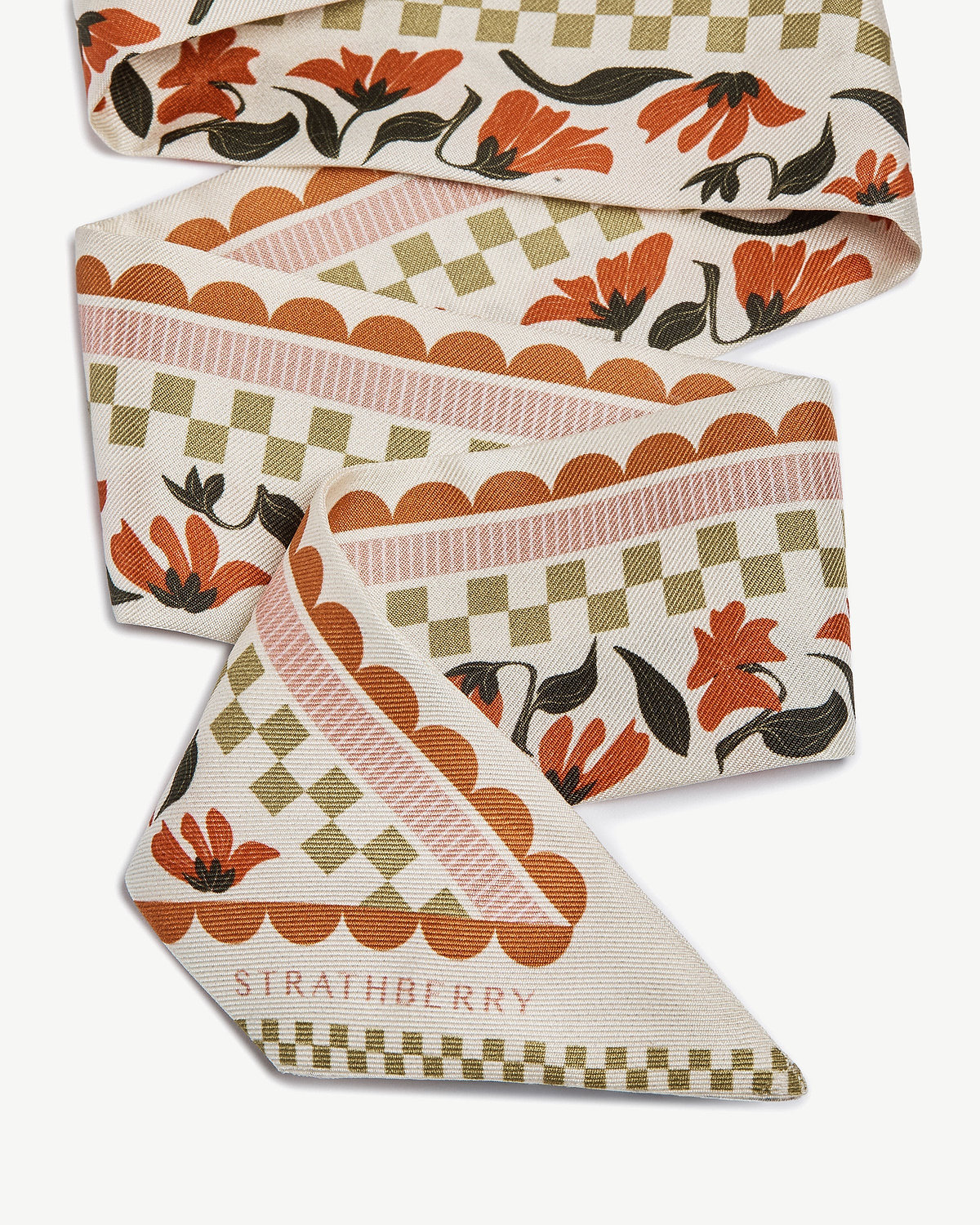 Strathberry silk skinny scarf in vanilla with red gingham stripe and floral print.