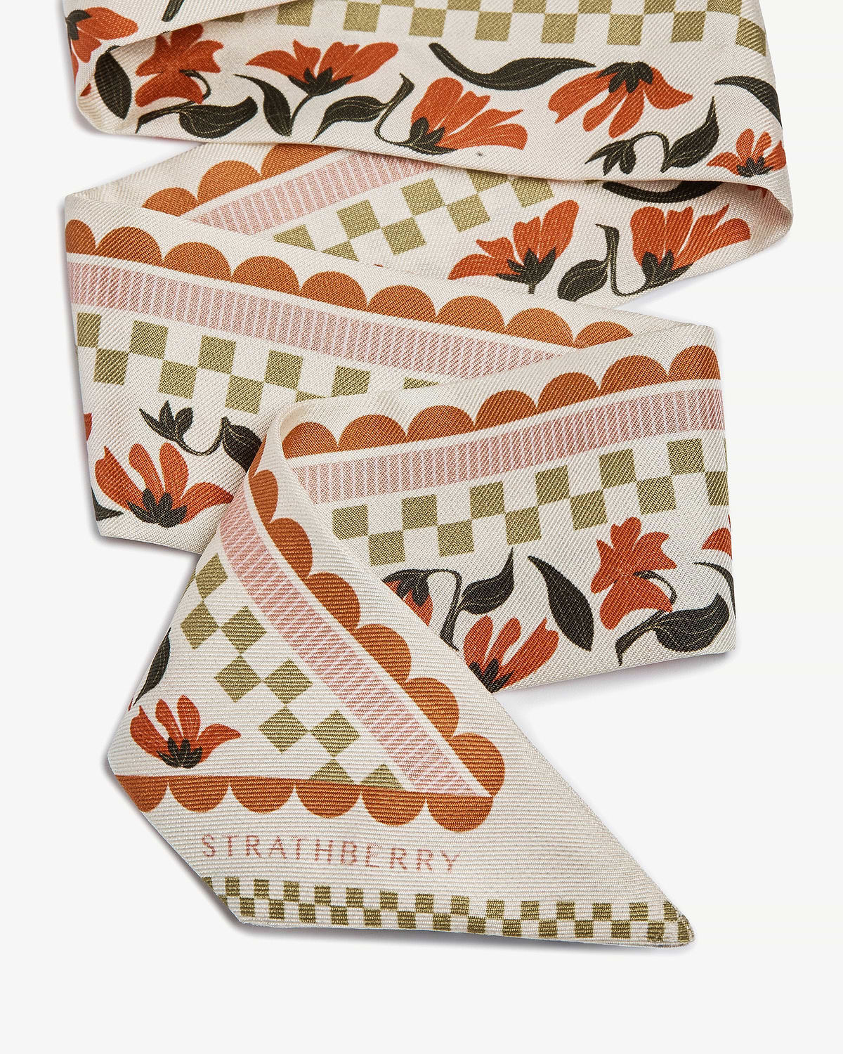 Strathberry silk skinny scarf in vanilla with red gingham stripe and floral print.