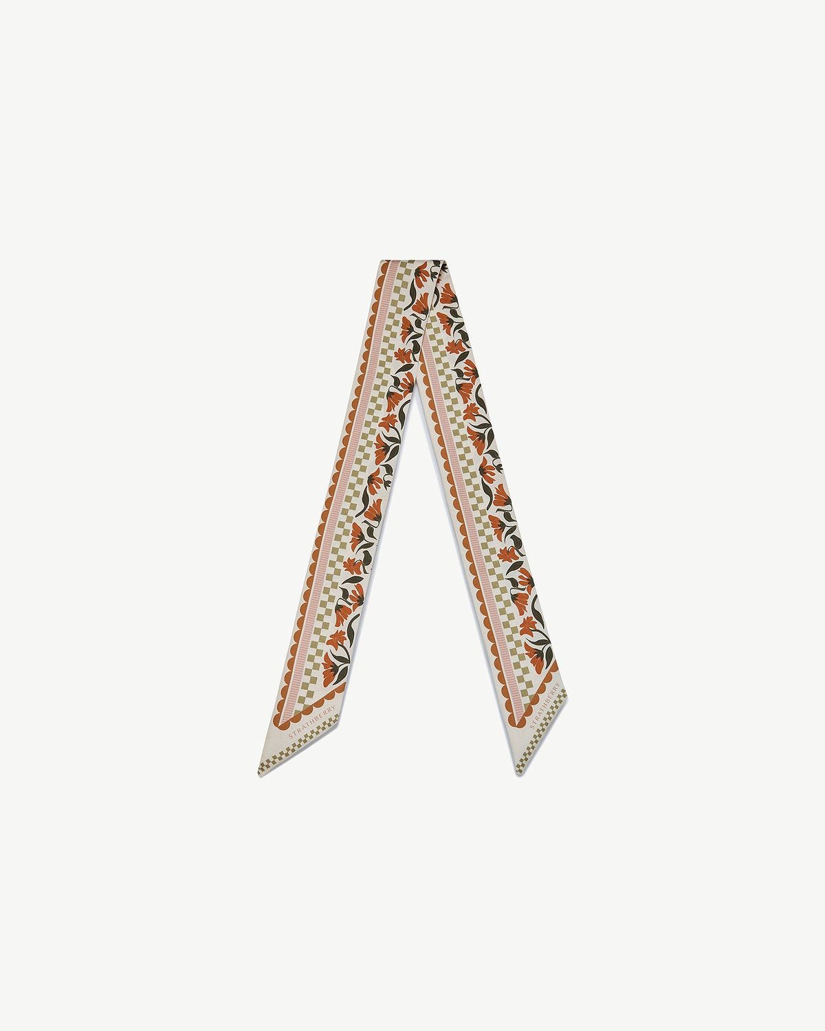 Strathberry silk skinny scarf, vanilla with red gingham stripe and floral border.