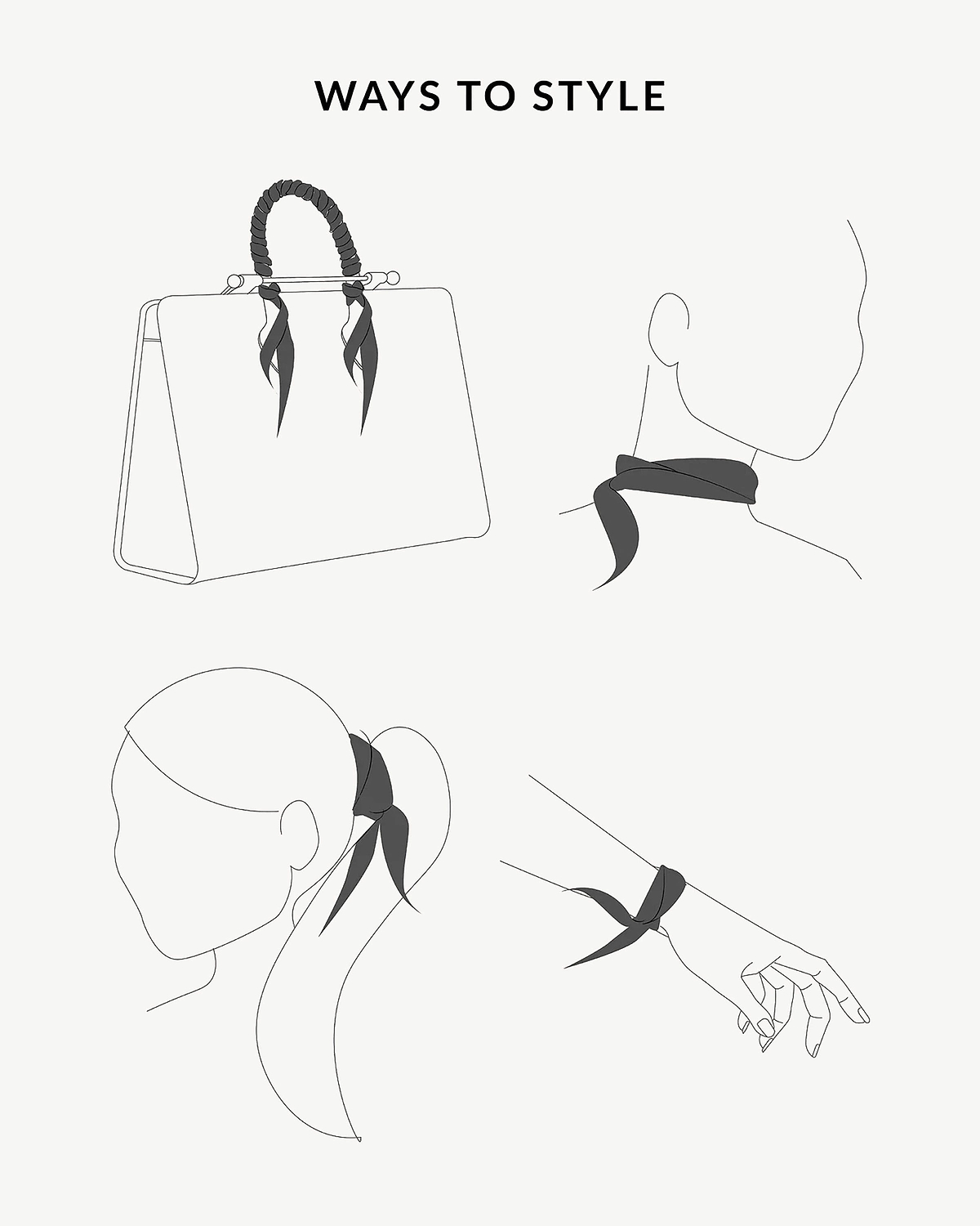 Four illustrations showing ways to tie a skinny scarf on bag, neck, ponytail, wrist.