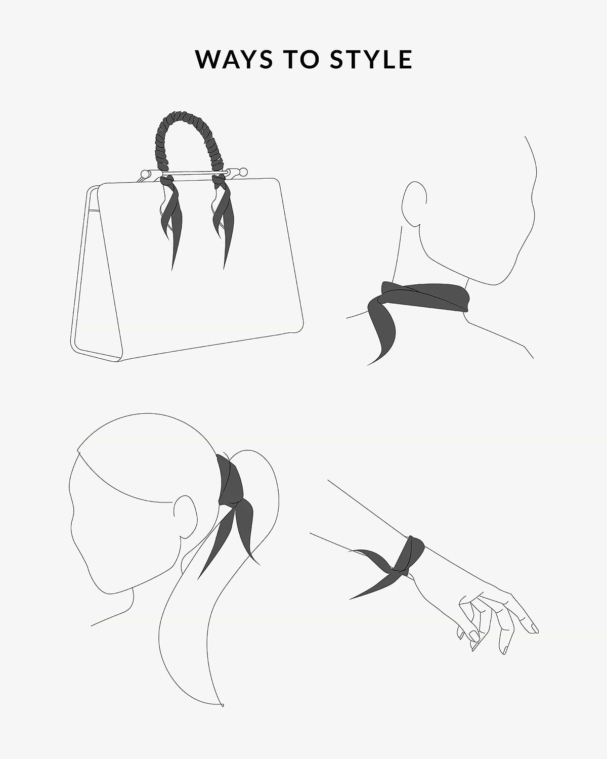 Four illustrations showing ways to tie a skinny scarf on bag, neck, ponytail, wrist.