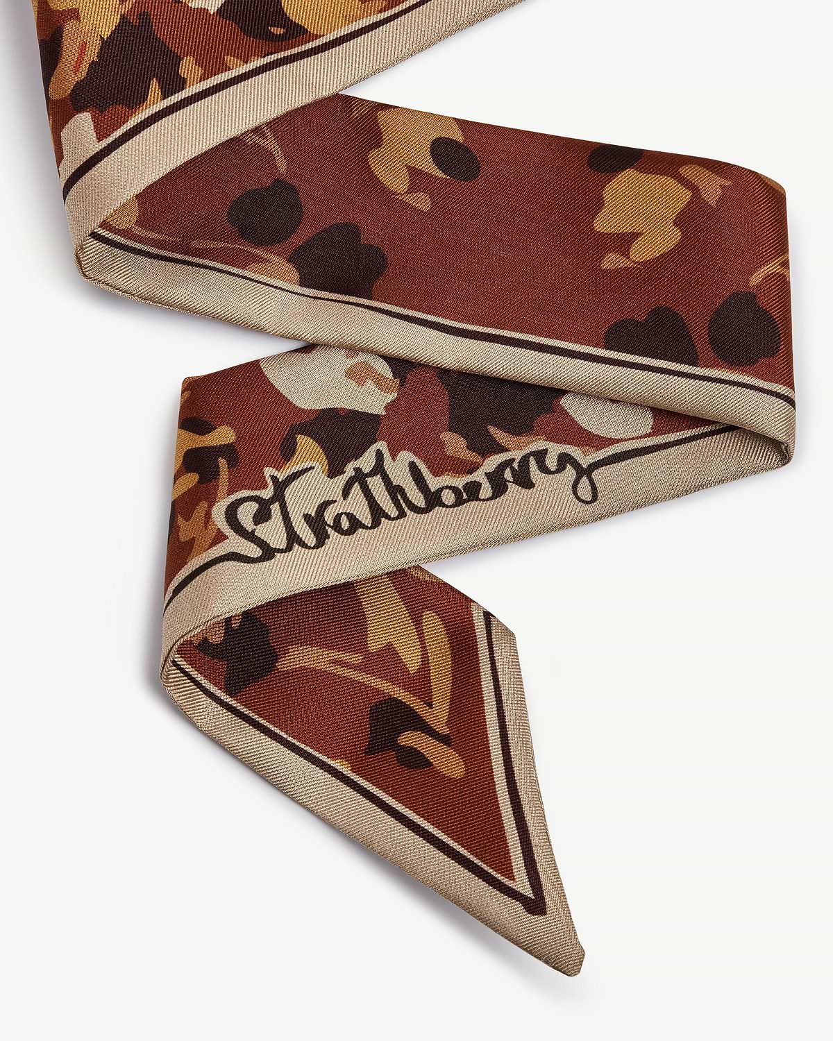 Sand and oxblood silk skinny scarf with pop flower print and Strathberry logo