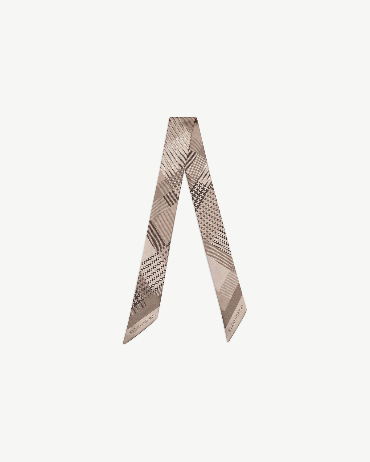 Oat tartan silk skinny scarf folded into a V, Strathberry logo near tip.