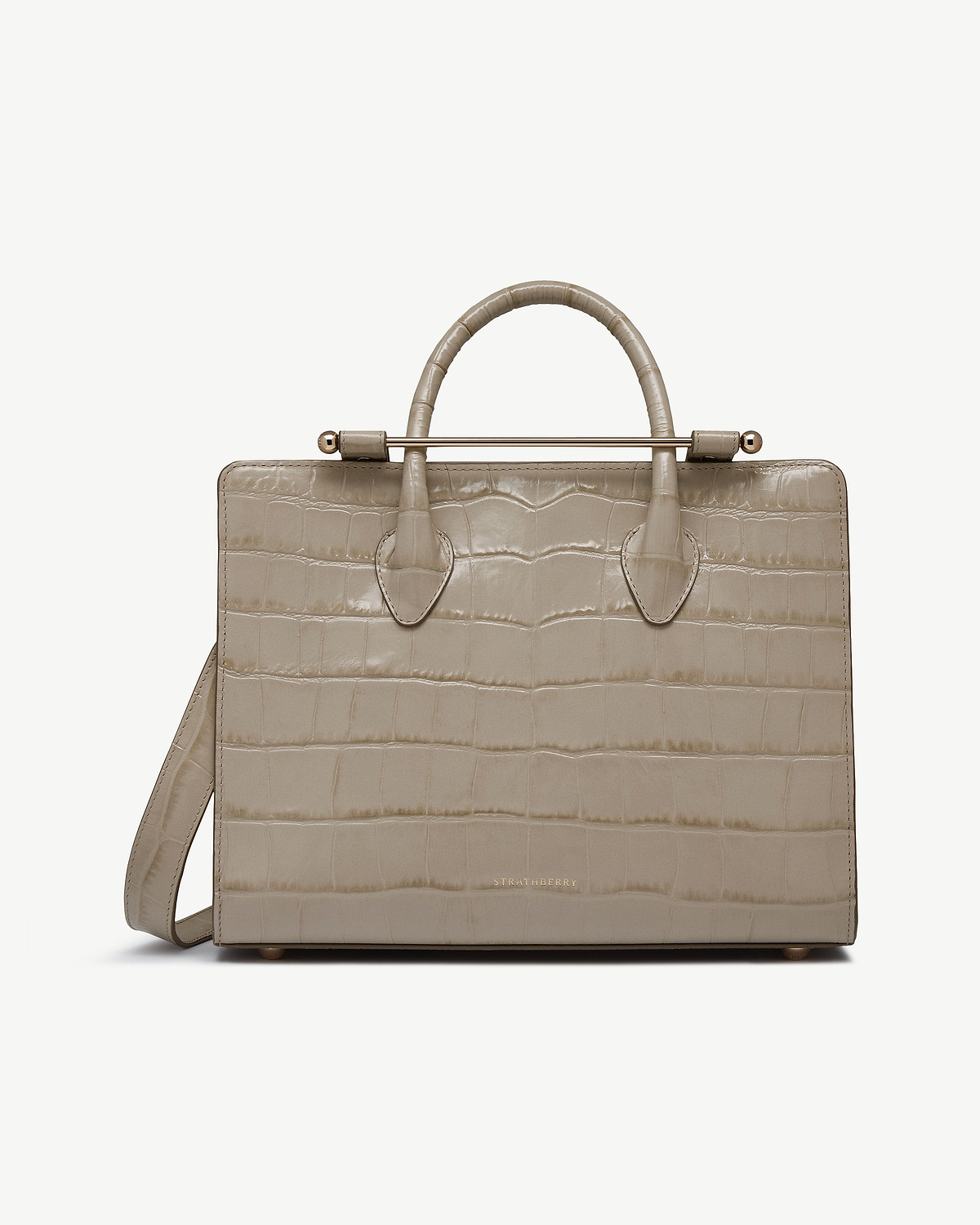 Strathberry midi tote in croc-embossed beige leather with top handles and shoulder strap