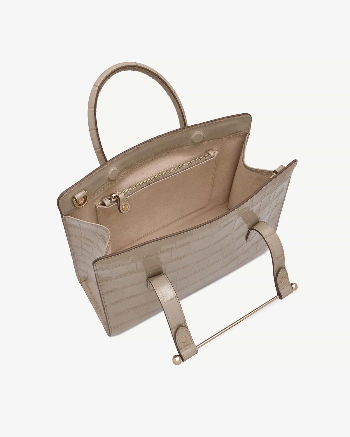 Croc-embossed midi tote with open interior, zip pocket and gold hardware.