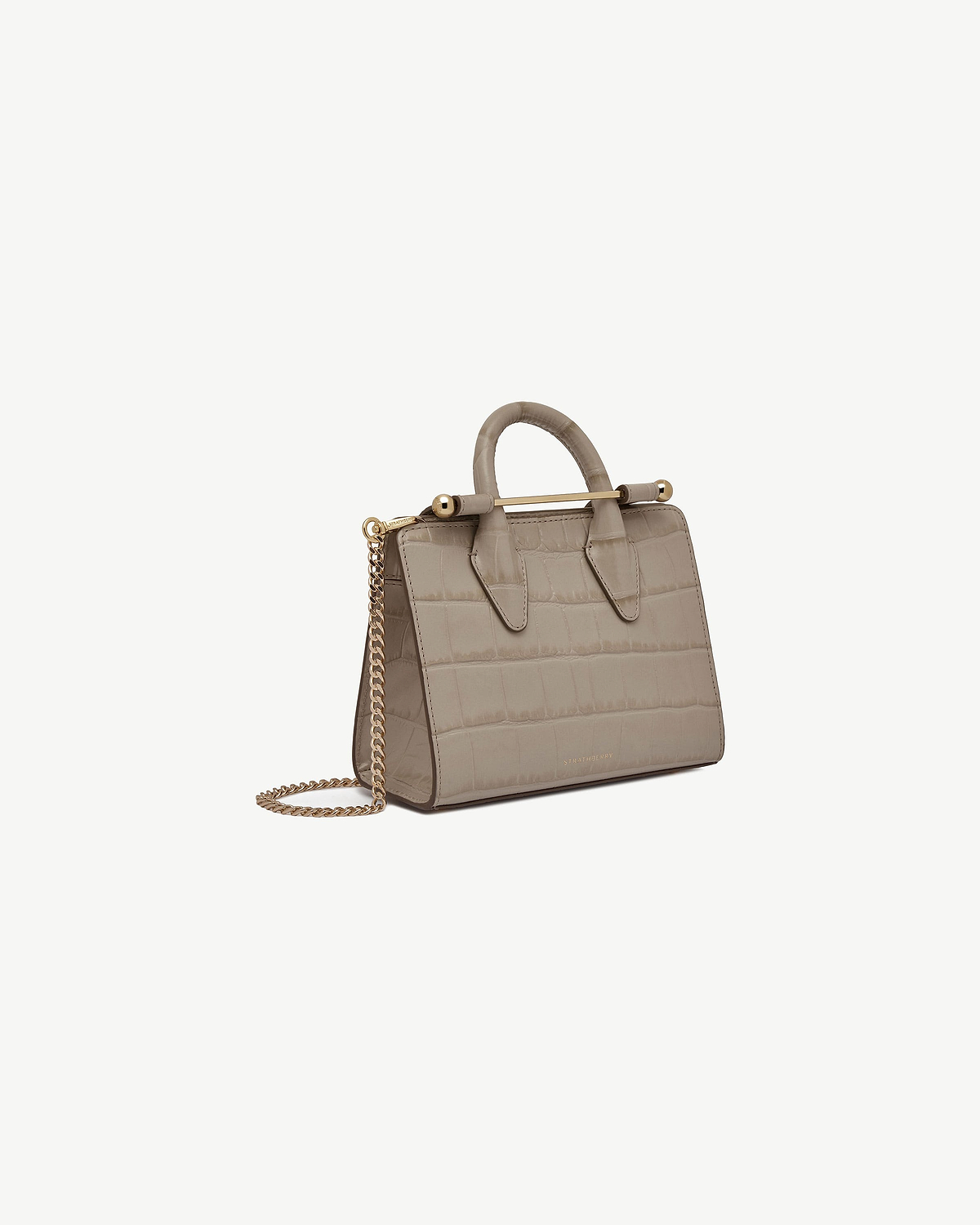 Strathberry croc-embossed nano tote with gold top bar, handles and chain.