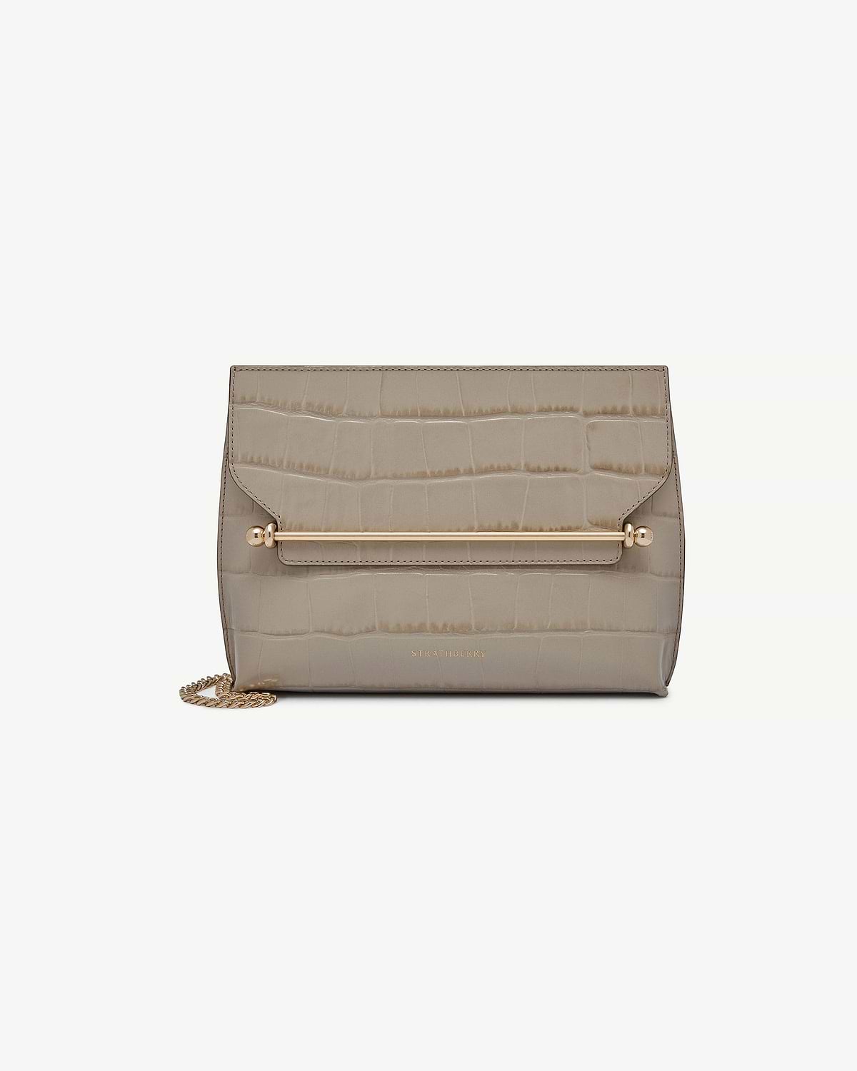 Strathberry Stylist croc-embossed leather bag with gold bar and chain strap.