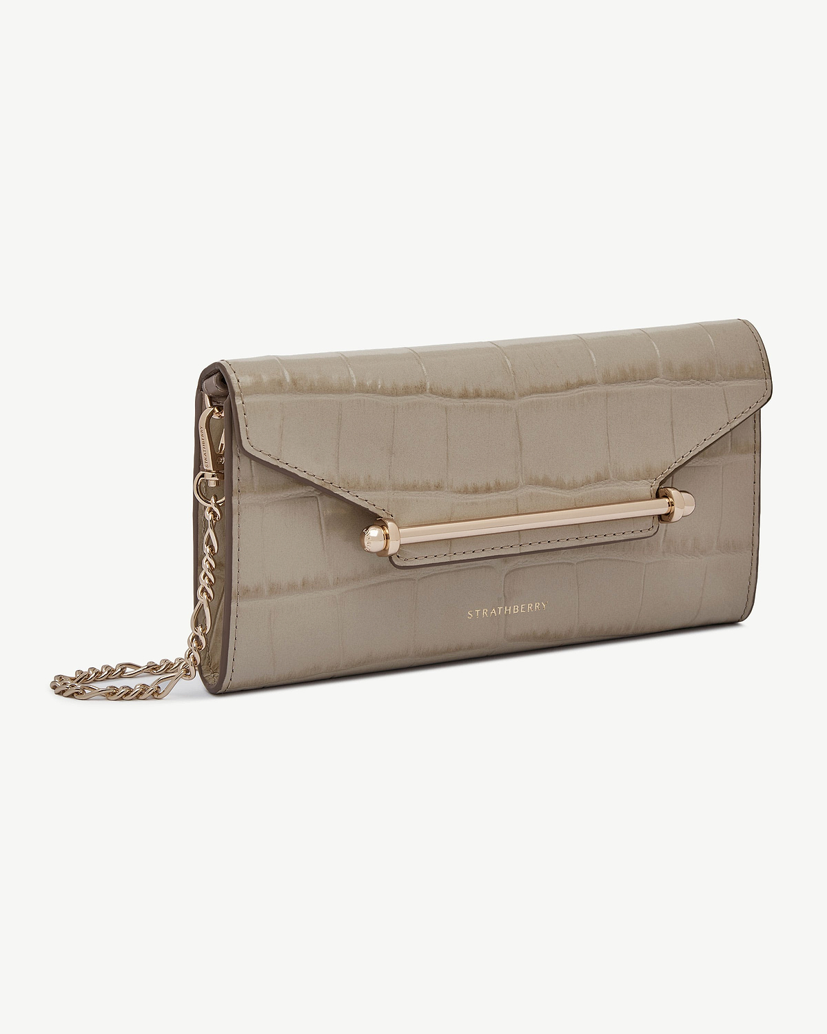 Croc-effect Multrees chain wallet with gold bar and Strathberry logo.