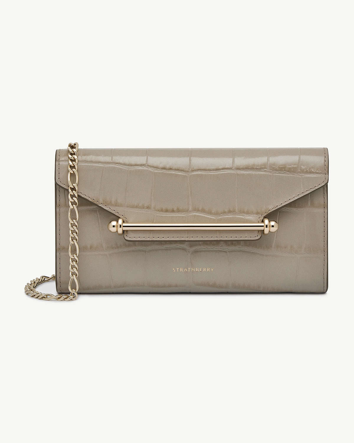 Strathberry Multrees chain wallet in croc-embossed leather with gold chain and bar