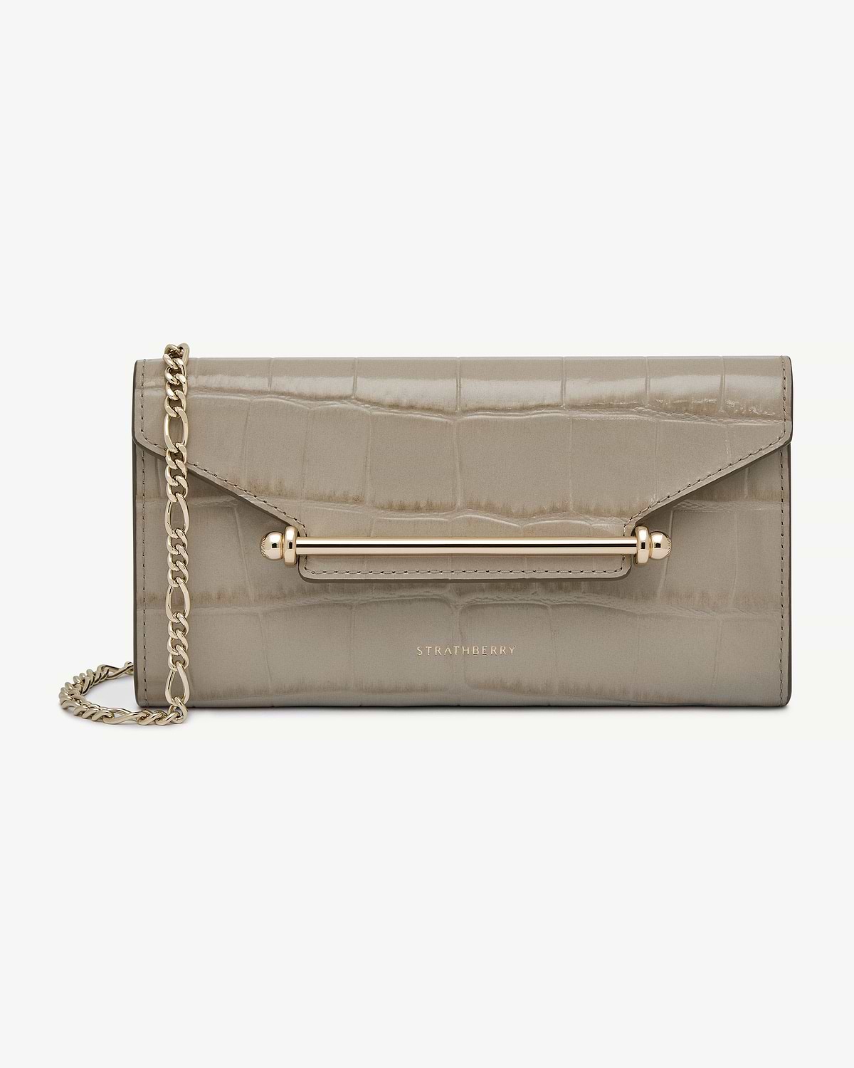 Strathberry Multrees chain wallet in croc-embossed leather with gold chain and bar