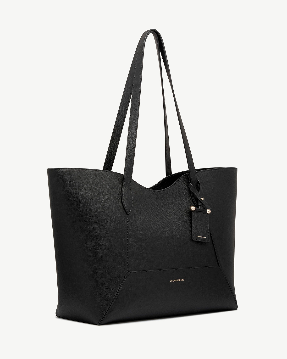 Black Mosaic Cabas tote with long handles and gold Strathberry logo.