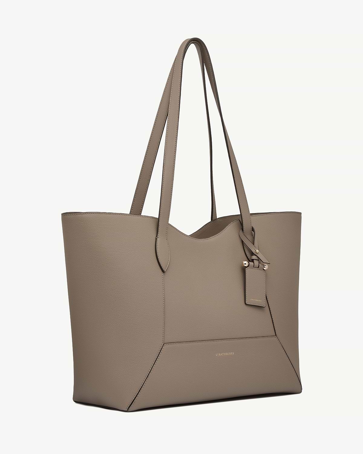 Taupe Mosaic Cabas leather tote with Strathberry logo and shoulder straps.