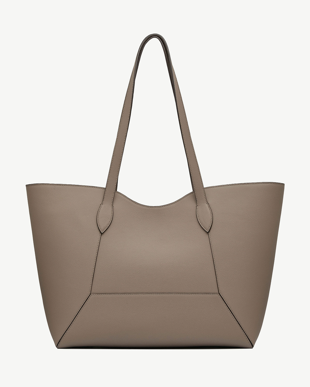 Taupe leather tote with long shoulder straps and stitched geometric panels.