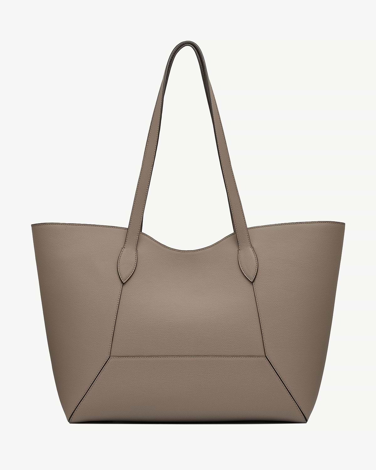 Taupe leather tote with long shoulder straps and stitched geometric panels.