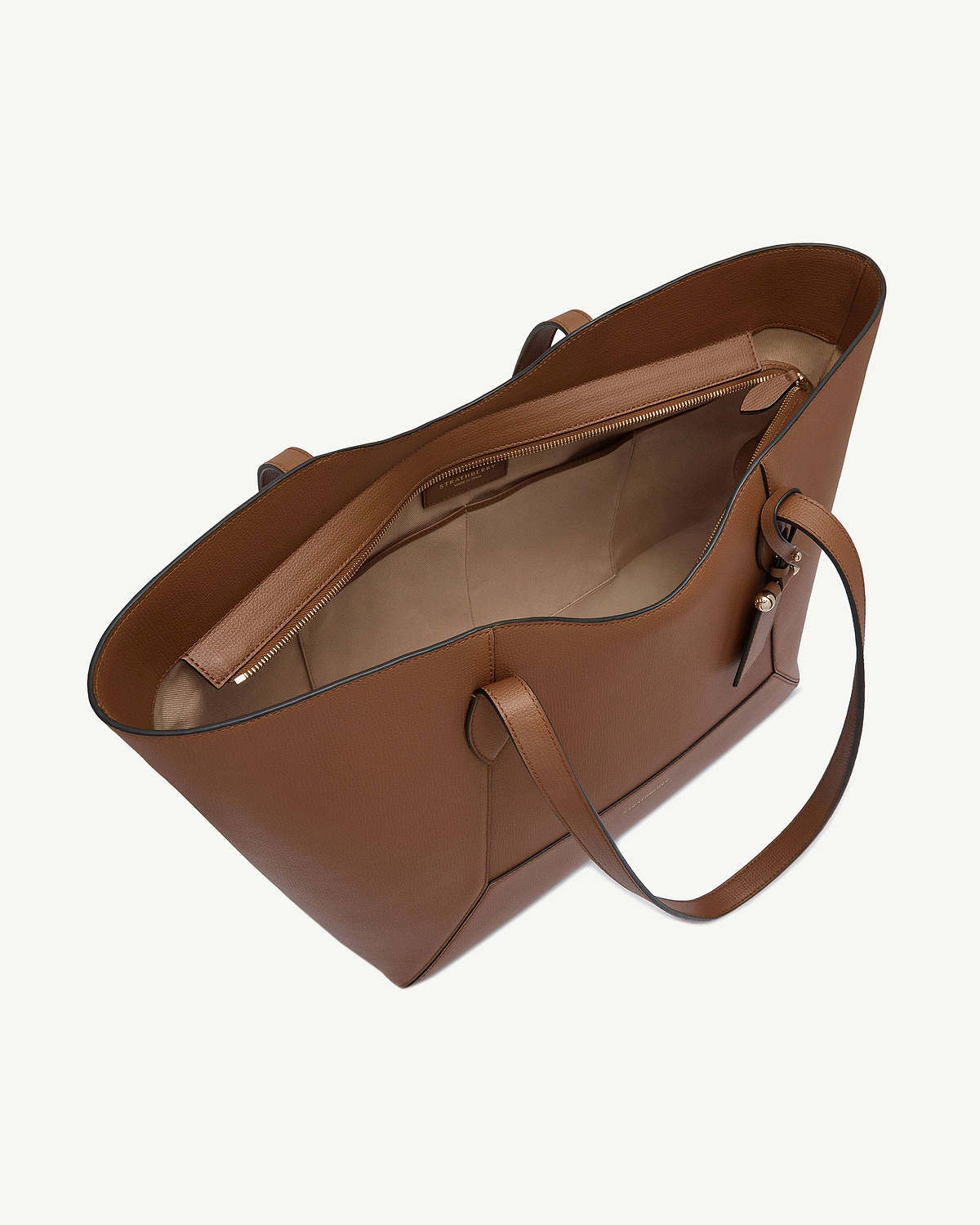 Top-down view of hazelnut Mosaic Cabas tote showing interior and zip pocket.