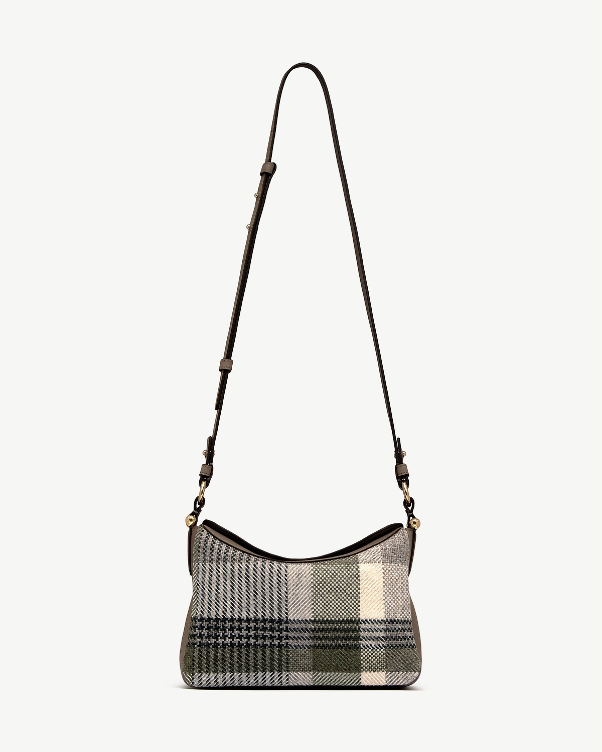 Tartan taupe woven shoulder bag with adjustable brown leather strap