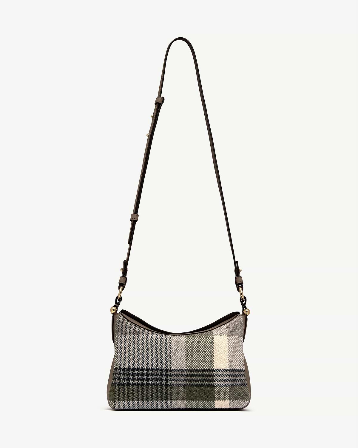 Tartan taupe woven shoulder bag with adjustable brown leather strap