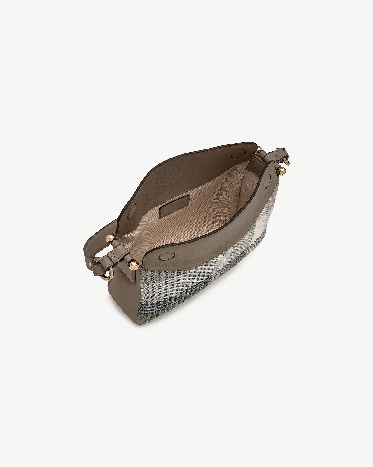 Strathberry Sway bag in tartan taupe, open top, beige lining, leather logo tag visible.