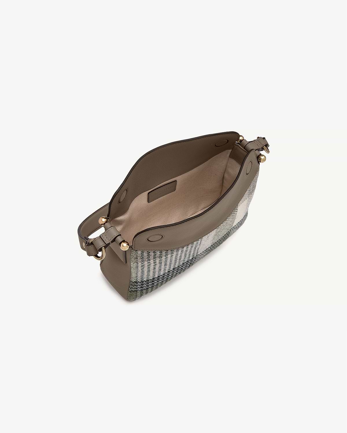 Strathberry Sway bag in tartan taupe, open top, beige lining, leather logo tag visible.