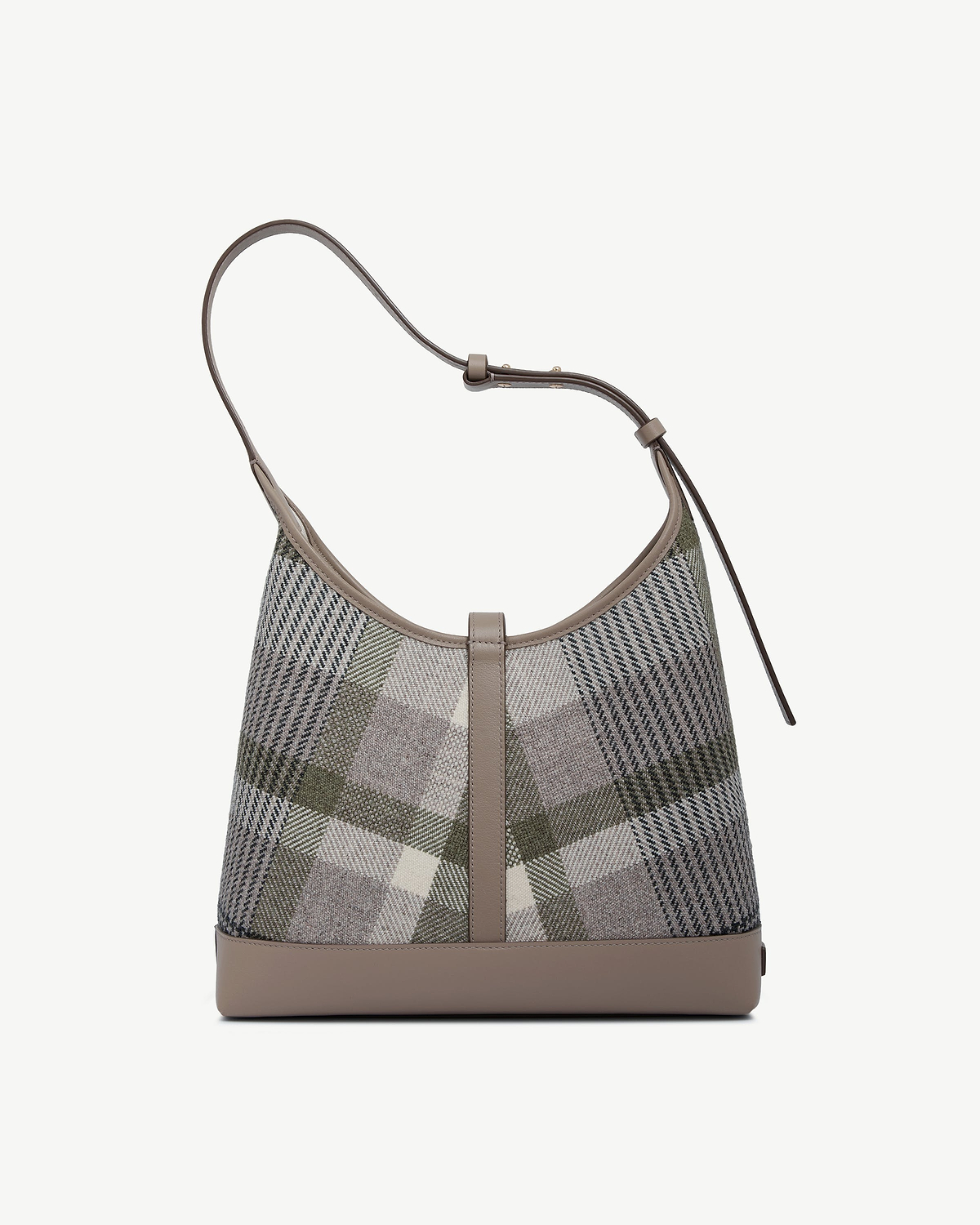 Kite hobo bag in taupe tartan fabric with leather trim and shoulder strap.