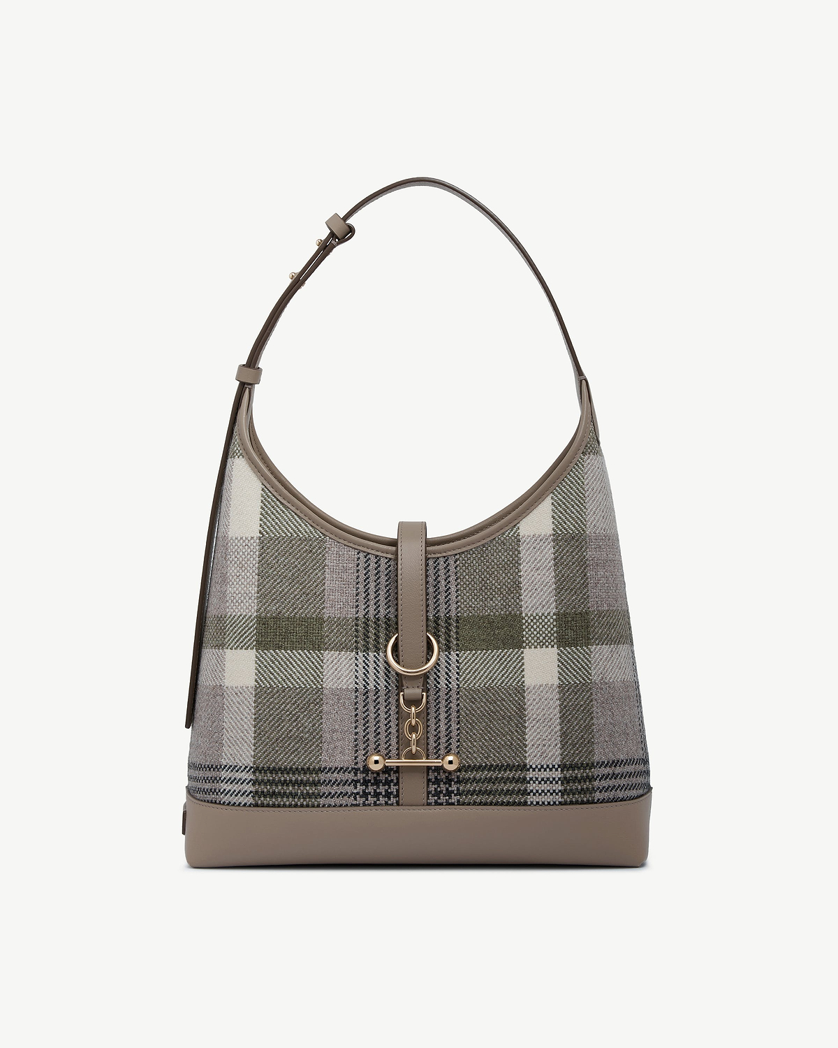 Kite hobo bag in tartan taupe fabric with taupe leather trim and gold hardware.
