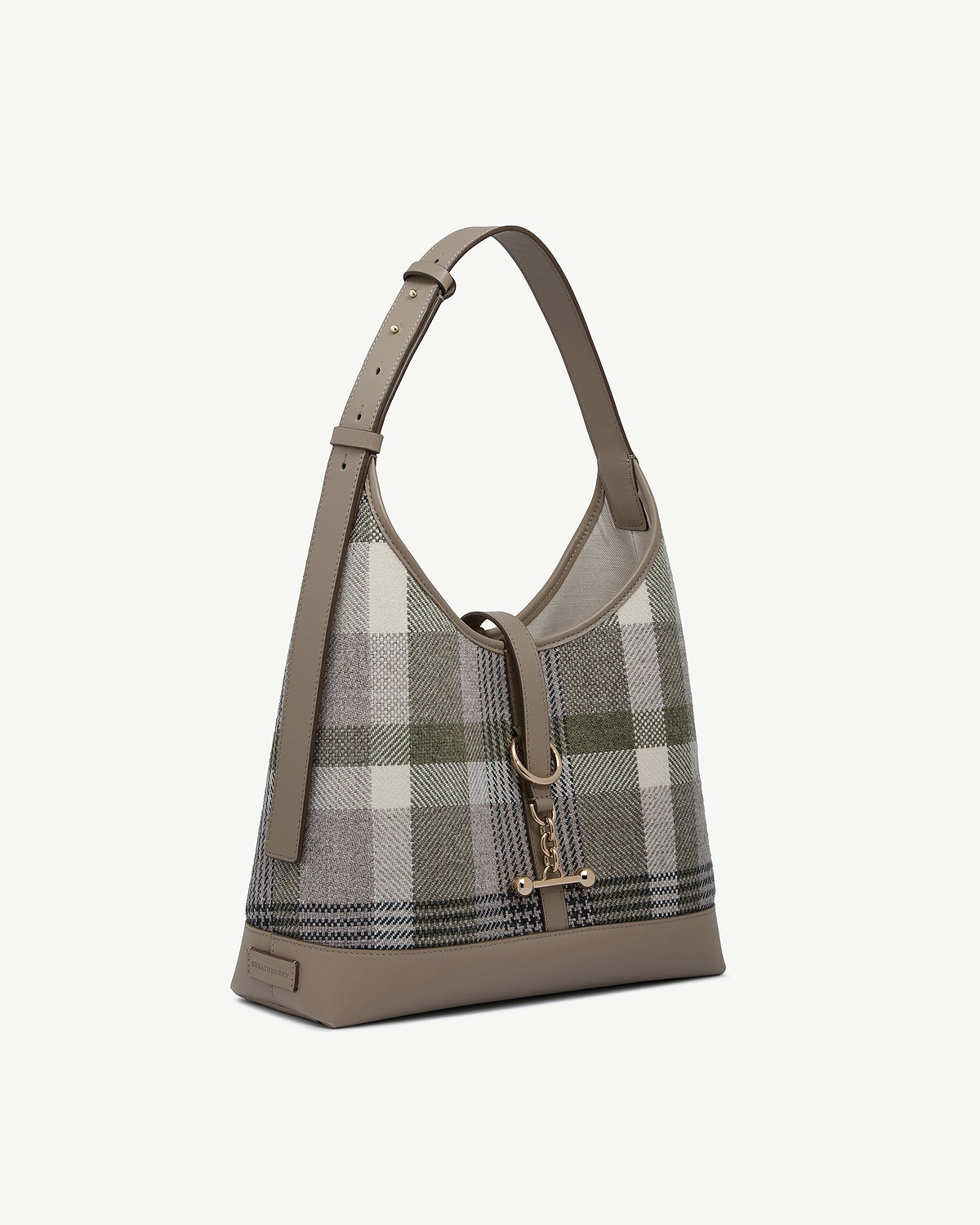 Strathberry Kite Hobo in tartan taupe with leather trim and gold-tone hardware