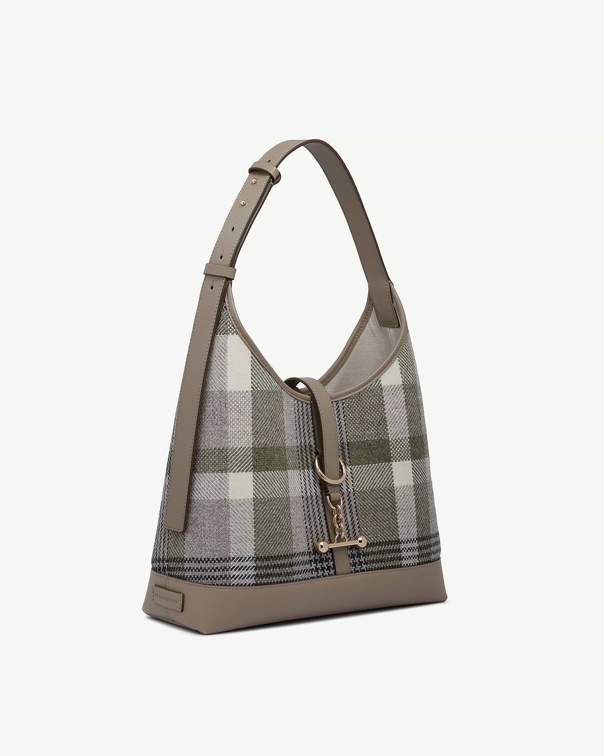 Strathberry Kite Hobo in tartan taupe with leather trim and gold-tone hardware