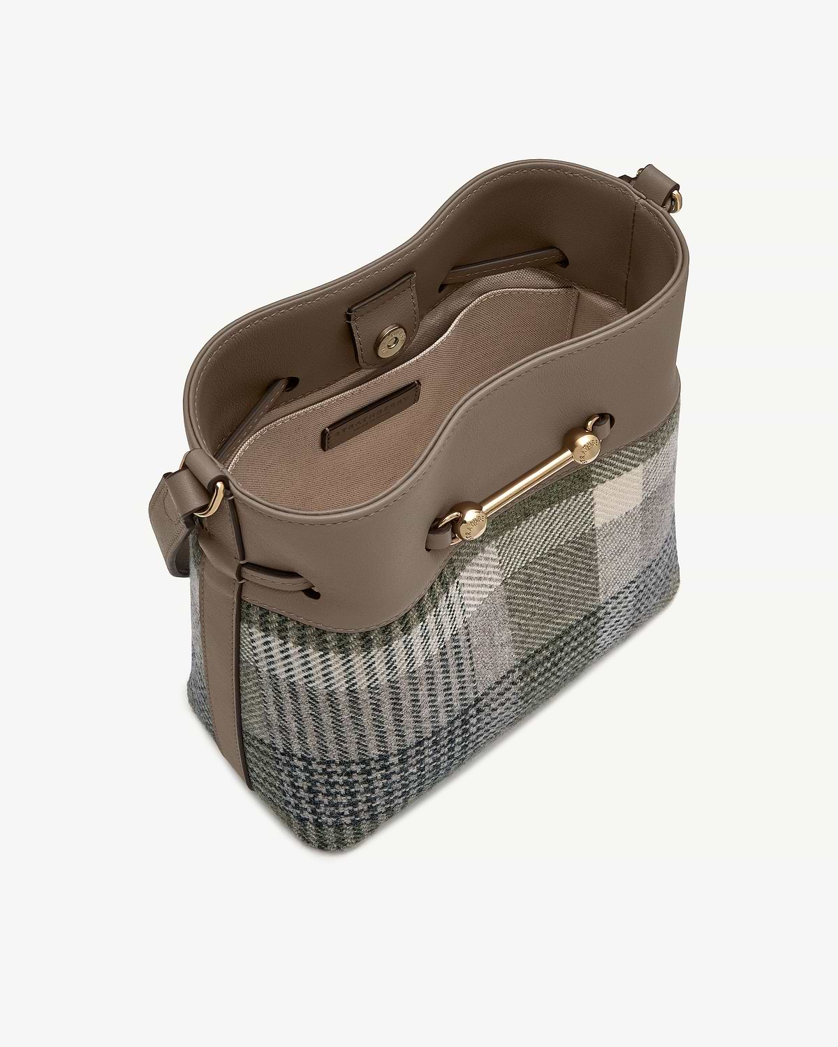 Strathberry Corda bucket bag in tartan wool with taupe leather trim.